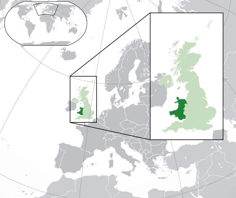 Location of Wales (dark green) – in Europe (green & dark grey) – in the United Kingdom (green)