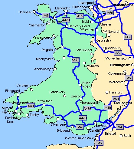 Road Map of Wales. | Wales map, Wales travel, Wales england