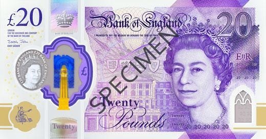 Specimen showing front of twenty pound note